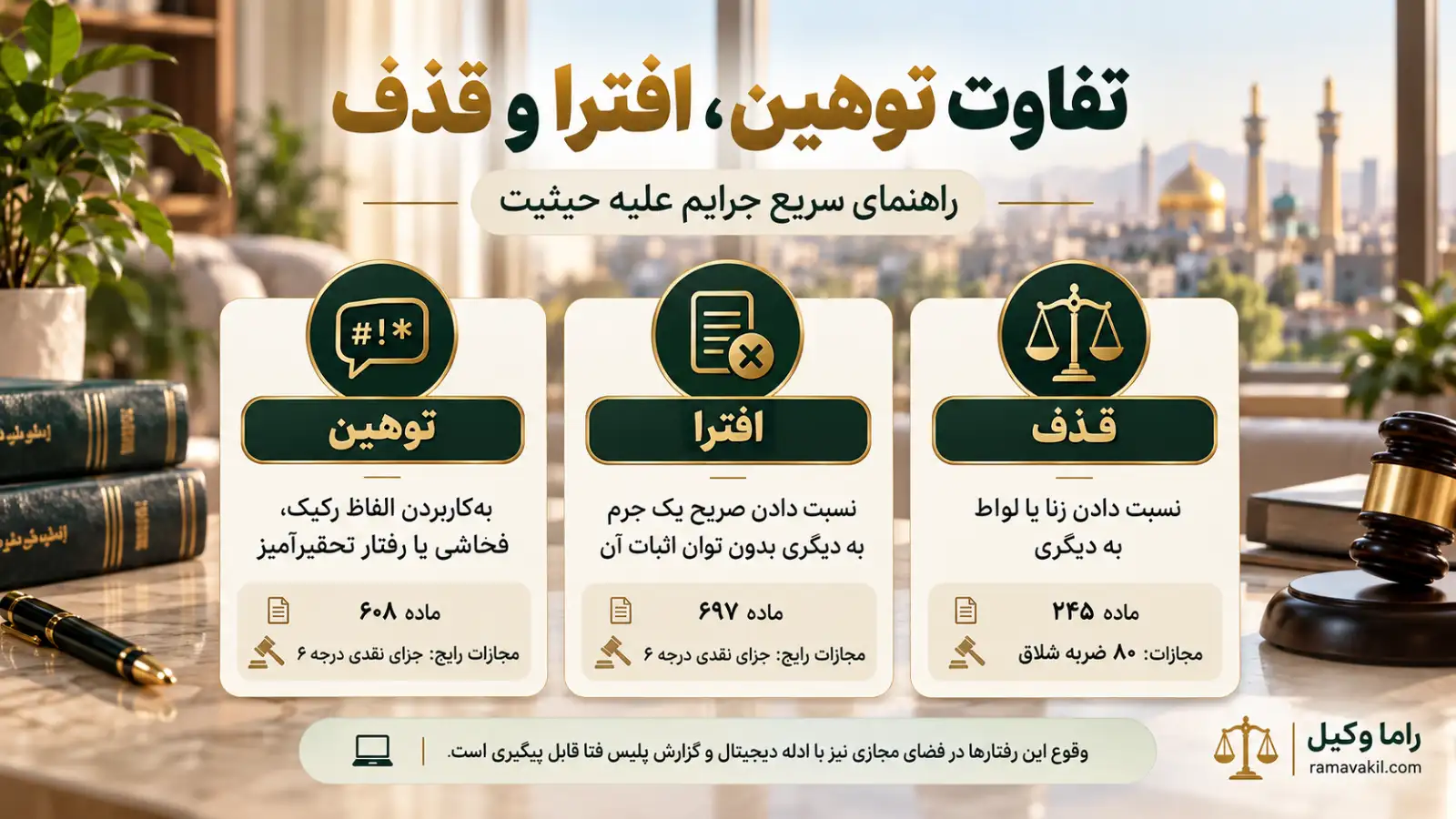 بهترین وکیل توهین و افترا در مشهد - نشر اکاذیب (۱۴۰۵) تفاوت توهین و افترا و قذف