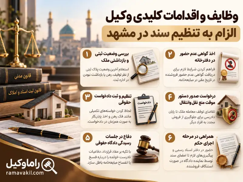 بهترین وکیل الزام به تنظیم سند در مشهد – انتقال رسمی (۱۴۰۵) وظایف وکیل الزام به تنظیم سند